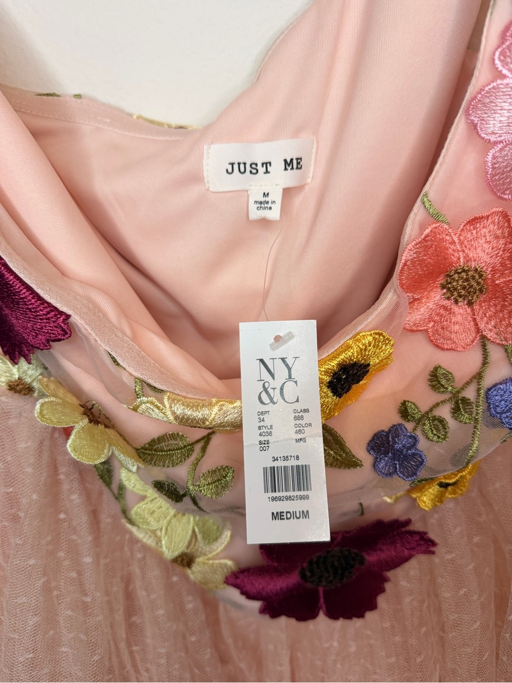 NWT Just Me Floral Embroidered One Shoulder Tiered Tulle Midi Blush Pink Dress M - Picture 2 of 7